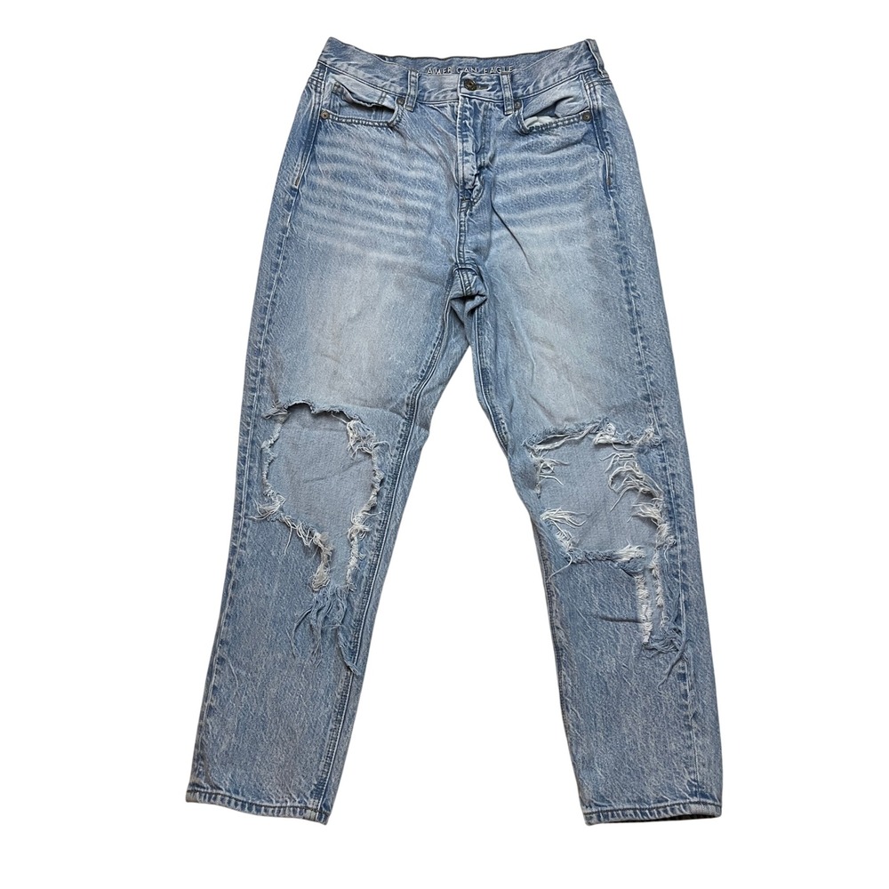 American Eagle Jeans Womens 4‎ Short Blue Mom Jean High Rise Distressed Ripped
